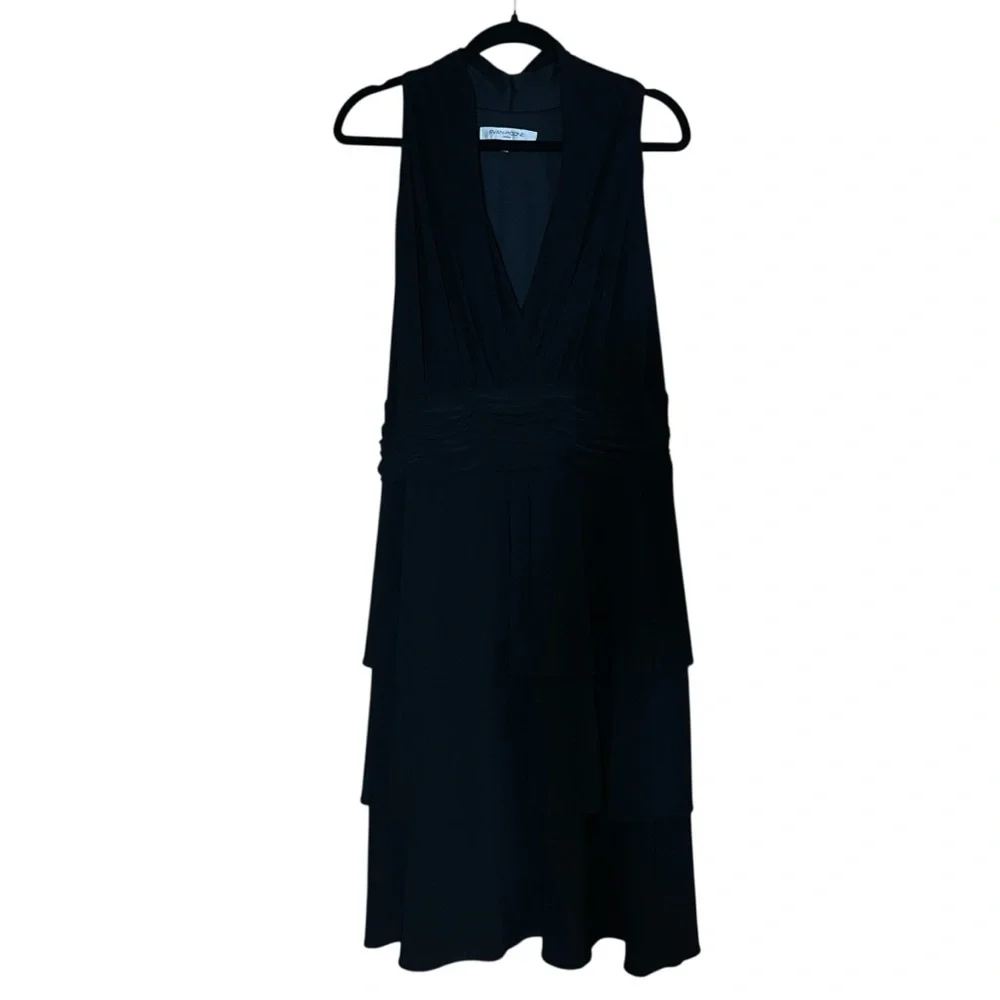 Evan Picone Black Tiered Midi Dress 20W | Ruched Waist V-Neck Flowy Cocktail - Picture 5 of 11